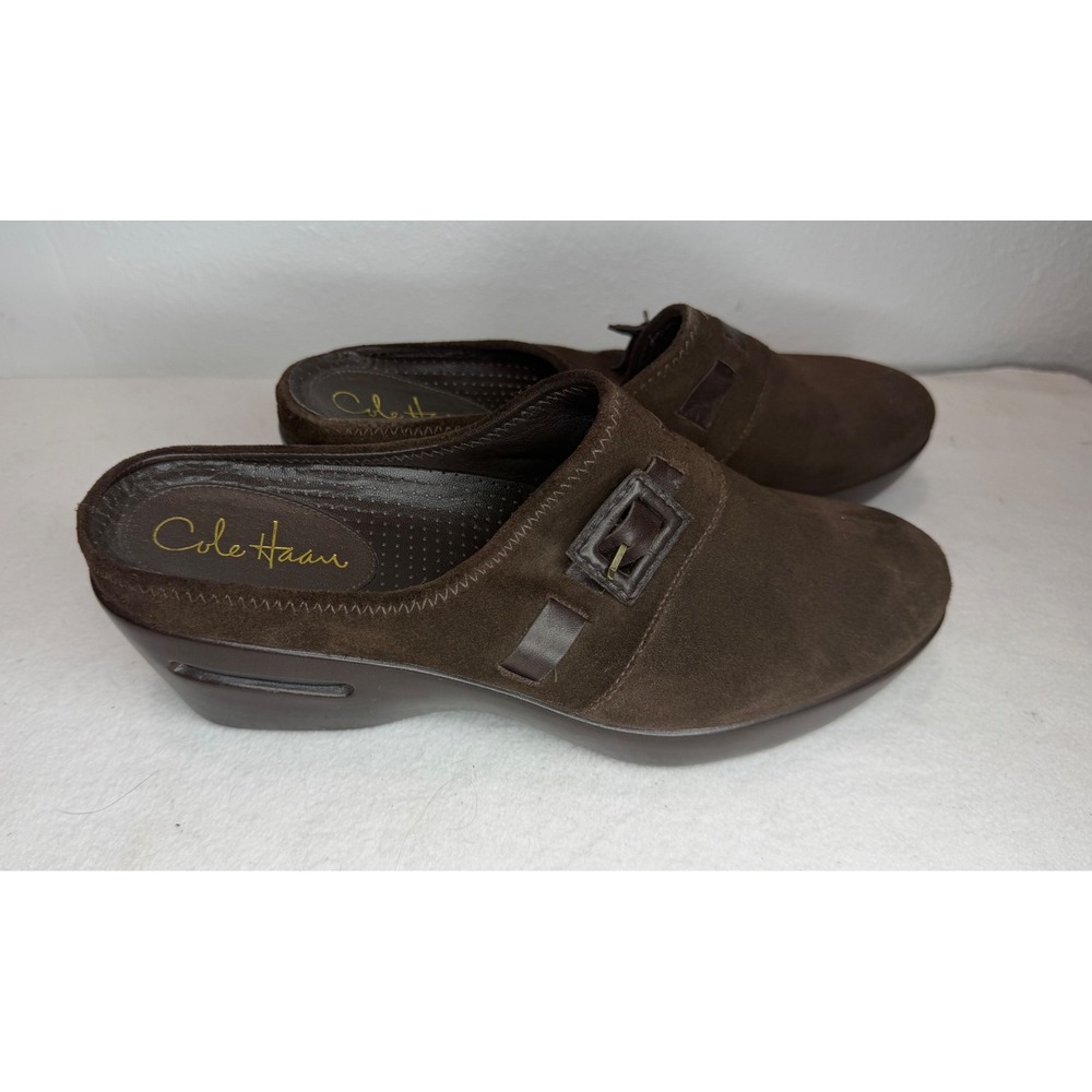 Cole Haan Wedge Mules Women's‎ 8.5 Brown Suede Nike Air Buckle Clogs
